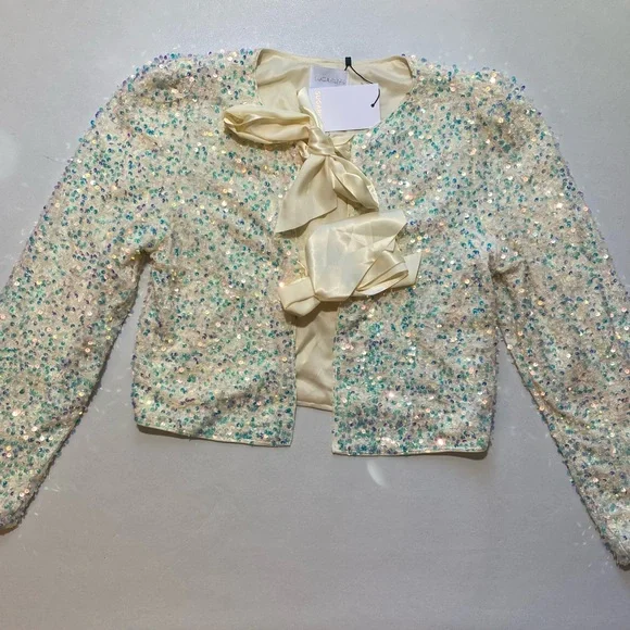 NEW Womens Sugarlips Sequin Crew Long Sleeve Satin Bow Tie White Jacket  $79 - Picture 2 of 10